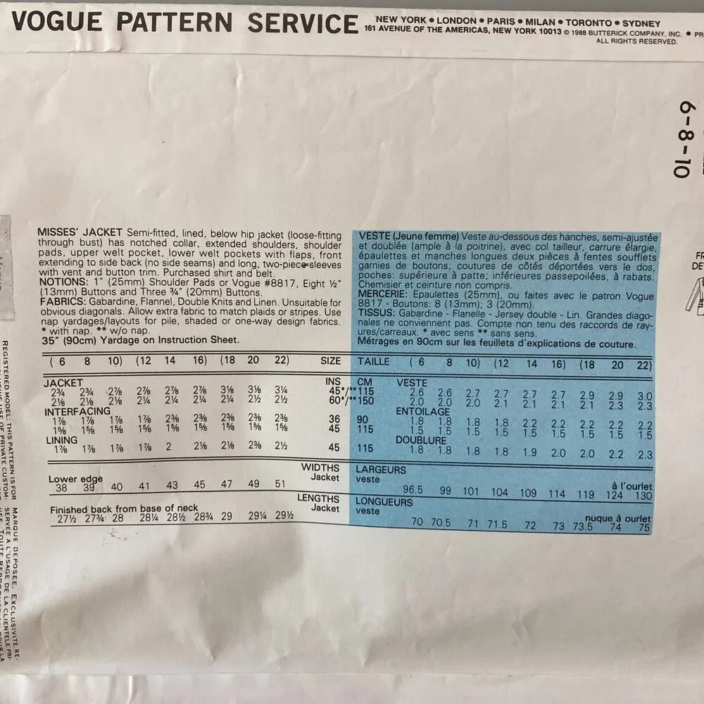 Vogue Career Ralph Lauren 2134 Jacket Menswear Style Misses Sz 6-8-10 Uncut 1988